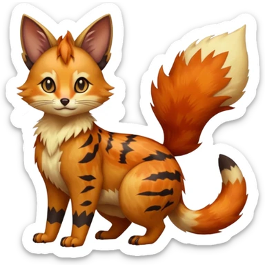 realistic  ember-rust-copper fur molten with glowing magma seams and smoky tips beautiful elegant pretty precious cute  Fakémon-Pokémon-opossum-feline-serval-caracal-chinchilla-Furret-Minccino-hybrid-creature with a big fluffy bushy tail (full body) sticker