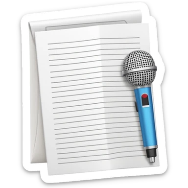 minimalist oconography design: white document with a folded top-right corner and horizontal lines, outlined in a brick pattern. At the top center of the document is an icon indicating ai. In front of the document a microphone icon sticker