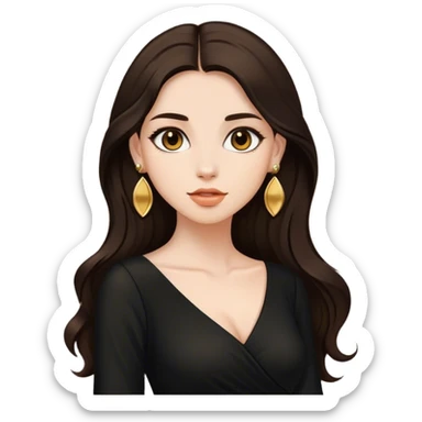 Beautiful woman,cute, long dark brown hair in dark dress with gold earrings sticker