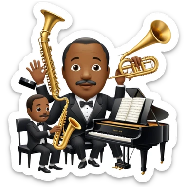 Icon for Jazz Music: Count Basie Orchestra, with Count Basie at the piano surrounded by jazz musicians playing instruments like saxophones, trumpets, and drums. Floating musical notes should capture the energetic and smooth vibe of big band jazz. Transparent background. sticker