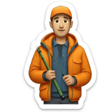 guy in an orange jacket holding a fishing rod sticker