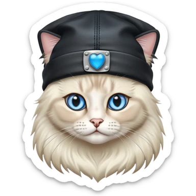 A Ragdoll cat wearing a leather jacket and a beanie sticker