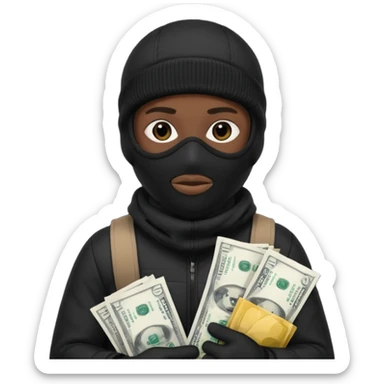 Black Ski mask holding bags of money with  skin color black sticker