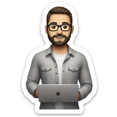 Emoji man with beard holding macbook in hands wearing glasses and shirt, profession - graphic designer. Features: white skin, weight 100 kg, dark hair, age 21 years, earring in left ear sticker