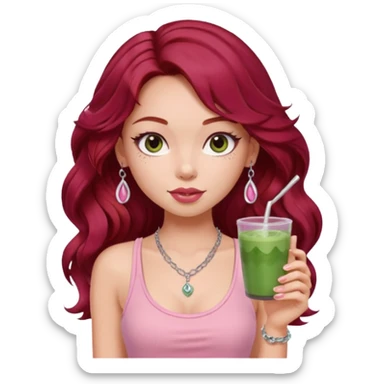 a pretty fair bratz girl with wavy dark red hair, wearing a pink tank top . silver dainty layered necklaces, carrying a matcha sticker