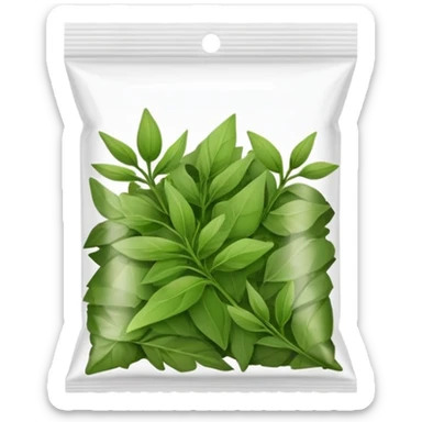small plastic pack with green dried herbal leaves which are clumped together  sticker