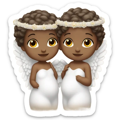 2 twin baby girls that are white with brown hair with a halo and angel wings sticker