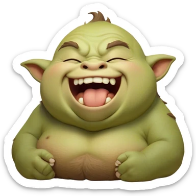 Cinematic Cute Yawning Ogre Portrait Emoji, with a surprisingly cuddly, rotund figure in soft earthy greens and browns, head tilted back in a big, gentle yawn exposing a set of comically oversized teeth, simplified yet irresistibly adorable, highly detailed with a soft glowing outline that captures the sleepy charm of a friendly ogre after a long day of gentle mischief! sticker