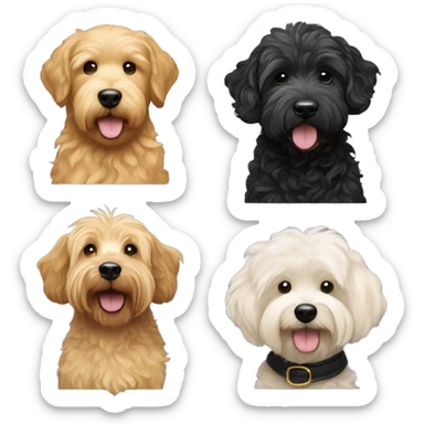 Golden golden doodle with wavy coat and white bichon with curly coat and Cairin Terrier with black coat sticker