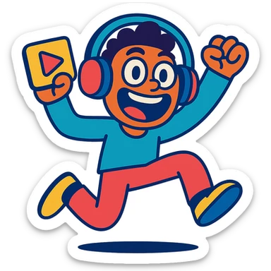 extremely fanatical and excited character for an audio app, large headphones, wide open eyes, ecstatic expression, jumping with excitement, colorful cartoon style sticker