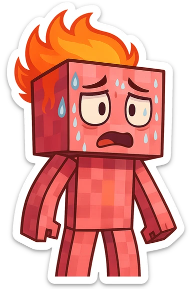 Change the expression of the character to nervous/sweating, keeping the style and appearance the same, inspired by playful Minecraft-style expressions. Transparent background. sticker