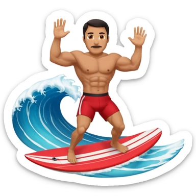 50 year old, muscular, dark haired, tan, red shorts man riding a big wave sticker