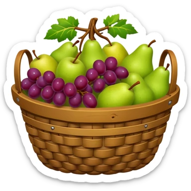 medieval fruit basket object icon, grapes apples pears, woven basket, rustic medieval vibe, 3D cartoon, mobile game icon style, clean background, no text, no watermark
 sticker