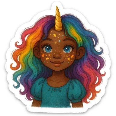a whimsical girl with dark skin, rainbow hair, blue eyes, a golden unicorn horn, and star freckles sticker