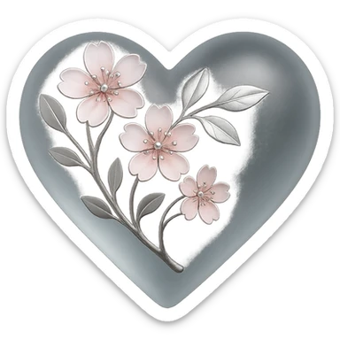 heart with sakura and silver accents, matte glass style sticker