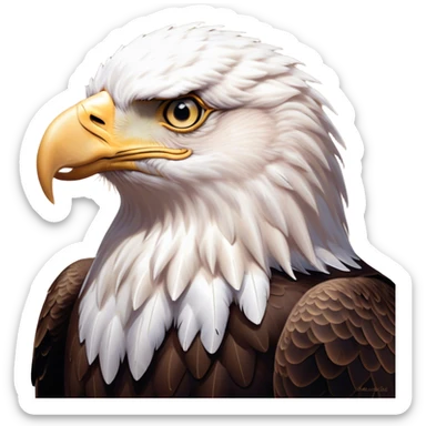 Cinematic Noble American Eagle Portrait Emoji, Poised and regal, with a powerful, broad build, a distinctive white-headed silhouette contrasting a dark, formidable body, and piercing, intense eyes, Simplified yet sharp and sophisticated features, highly detailed, glowing with a soft, majestic radiance, high shine, intelligent and commanding, stylized with an air of national pride, focused and vigilant, soft glowing outline, capturing the essence of a watchful and confident American eagle that appears ready to soar out of the screen with effortless authority! sticker