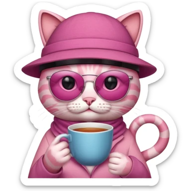 Pink cat with hat, holding cup of tea, wearing sunglasses sticker