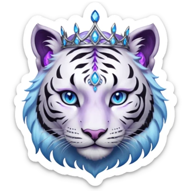 ESO Female white/black tiger khajiit leader of the umbral rose, glowing blue eyes, glowing blue 'third eye' gem; beautiful desined purple gemmed silver tiara sticker