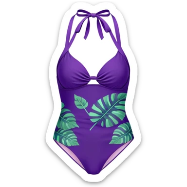 Retro purple halter tankini with high waisted leafy bottoms bathing suit sticker