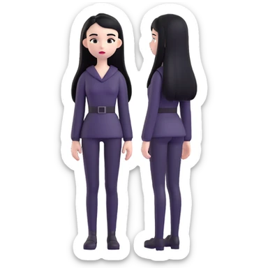 full body emoji of a girl with pale skin, long straight black hair, dressed in all black, standing still sticker