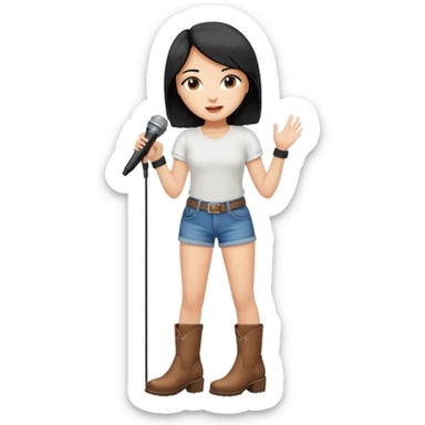 Crie uma cantora morena charmosa de shortes top e bota com microfone branca e cabelo preto sticker