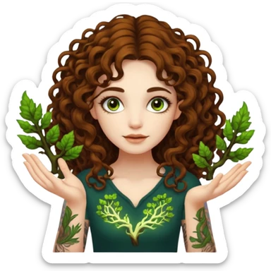 woman with long curly brown hair, brown eyes, white skin, tattoos, growing glowing moss from her fingertips like magic circuits sticker