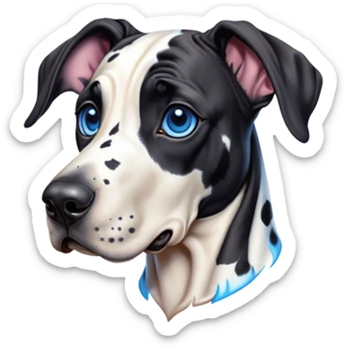 Cinematic Cute Harlequin Great Dane Portrait Emoji, Head tilted playfully and inquisitively, featuring a glossy coat of predominantly white with dynamic black patches, round, sparkling blue eyes filled with gentle curiosity, Simplified yet irresistibly adorable features, highly detailed, glowing with a warm, friendly glow, high shine, affectionate and gentle, stylized with a touch of whimsy, bright and endearing, soft glowing outline, capturing the essence of a mischievous yet loving pup, so playful it feels like it could lumber out of the screen and into your arms! sticker