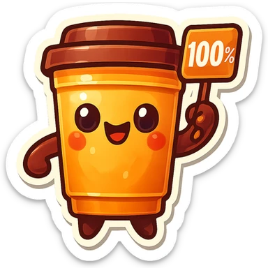 Tall coffee cup, holding sign "100%" sticker