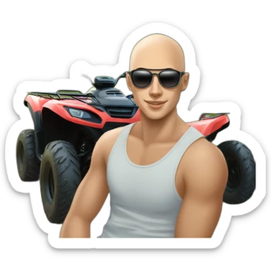 Young man with atv quad cfmoto, no hair, sunglass sticker