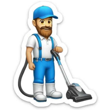 blue cap and white polo cleaner, with a brown beard and a vacuum cleaner sticker