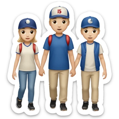 iOS emoji style. 2 adult friends and a young teenager wearing a baseball hat walking and talking.  sticker