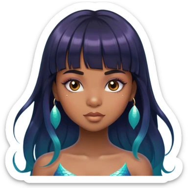 brownskin girl, beautiful girl, mermaid appearance, black straight hair with bangs above eyebrowns, nostril piercing sticker