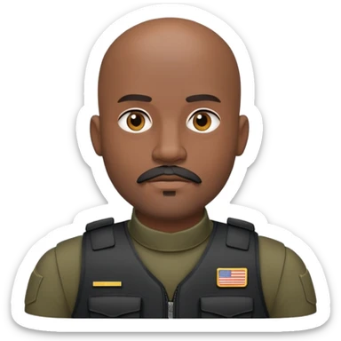 black soldier bald head, short beard that connects seamlessly to his mustache,  in black bulletproof vest sticker