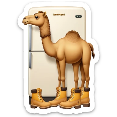 A camel face with long eyelashes on top of a boxy white refrigerator body, with four yellow-brown Timberland boots at the bottom sticker