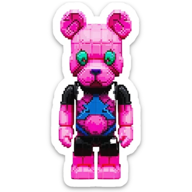 Pixel art KAWS Bearbrick figure with X eyes wearing a hot pink balaclava, blocky bear shape sticker