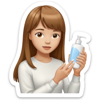 a girl with light skin and medium brown long hair with bangs who is applying lotion to her body sticker