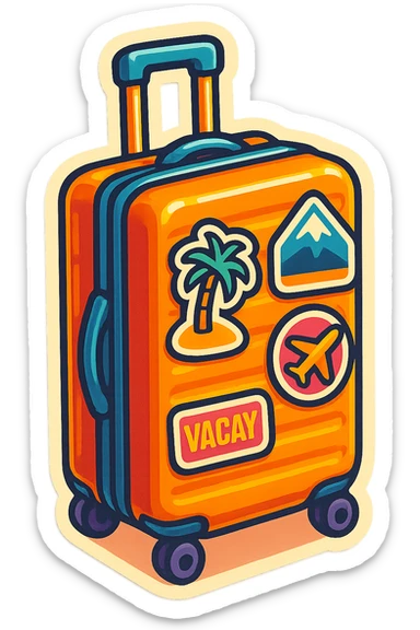 ribbed rolling suitcase with handle, decorated with travel stickers, held in a hand or standing at an angle, retro sticker style with color, bold outlines, shadows and highlights as distinct hard-edged shapes, no gradients sticker