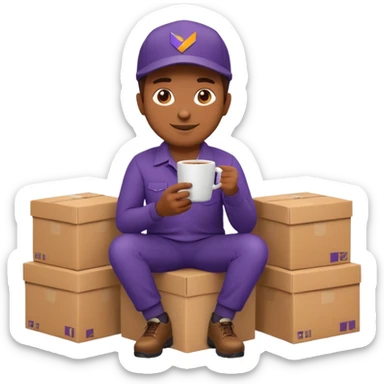 emoji of FedEx delivery man is sipping coffee while sitting on the boxes sticker