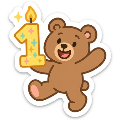 brown teddy holding sparkly number "1" candle, pastel-toon style, transparent background sticker
