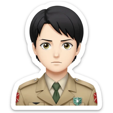 Levi Ackerman from Attack on Titan, with black hair, gray eyes, and wearing Survey Corps uniform sticker