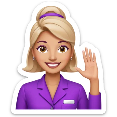 Woman cosmetologist in purple salon uniform with hand raised, smiling sticker