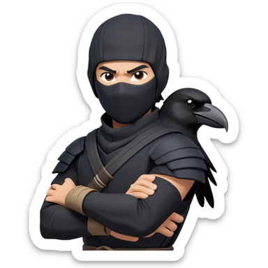 clash-of-clans-aesthetic_-cinematic-mysterious-male-ninja-portrait-emoji, rendered in a flat, vector-style with minimal shading and bold, simplified shapes, with a head slightly turned revealing intense, focused eyes. the ninja has his arm out and perched on top of his forarm is  a  giant black crow sticker