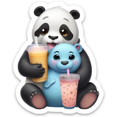 A panda hugging a baby hippo with bubble tea sticker