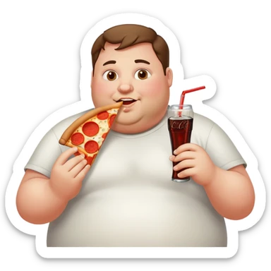 fat guy eating pizza with a coke sticker
