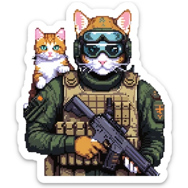 Simple pixel art of man with goggles in tactical gear holding gun and cat sticker
