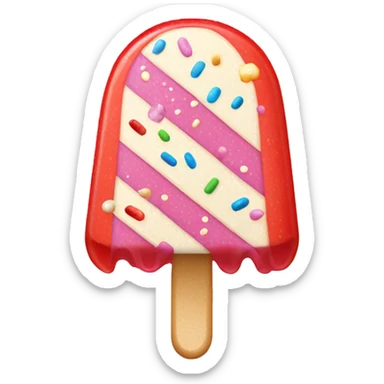 an ice lolly that's split into three sections, the top part is covered in sprinkles, the middle is white and the bottom near the stick is red sticker