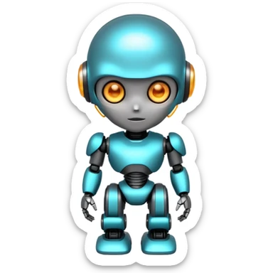 Cute futuristic chibi humanoid robot with large rounded head, glossy black and grey metal body, glowing cyan and amber eyes, visible joints, confident pose, white background, high-detail 3D render, add text on chest "LMX". sticker