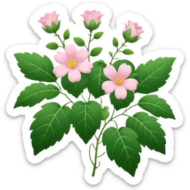 Aesthetic flowers and plants growing from the ground in colours of soft pink matching the deep green leaves (to describe/match with the word flourish) more of a wild bush or vine  sticker