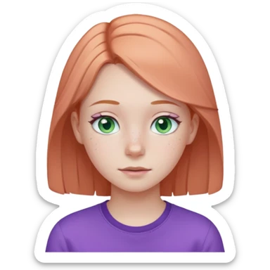 pale white teen girl with light blueish green eyes and freckles and purple shirt sticker