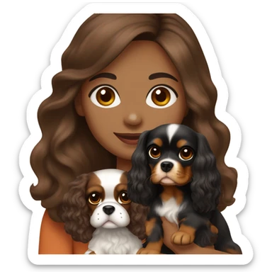 Light skin, dark brown long wavy hair girl, holding a cute cavalier King Charles spaniel dog with short ears wavy fur sticker
